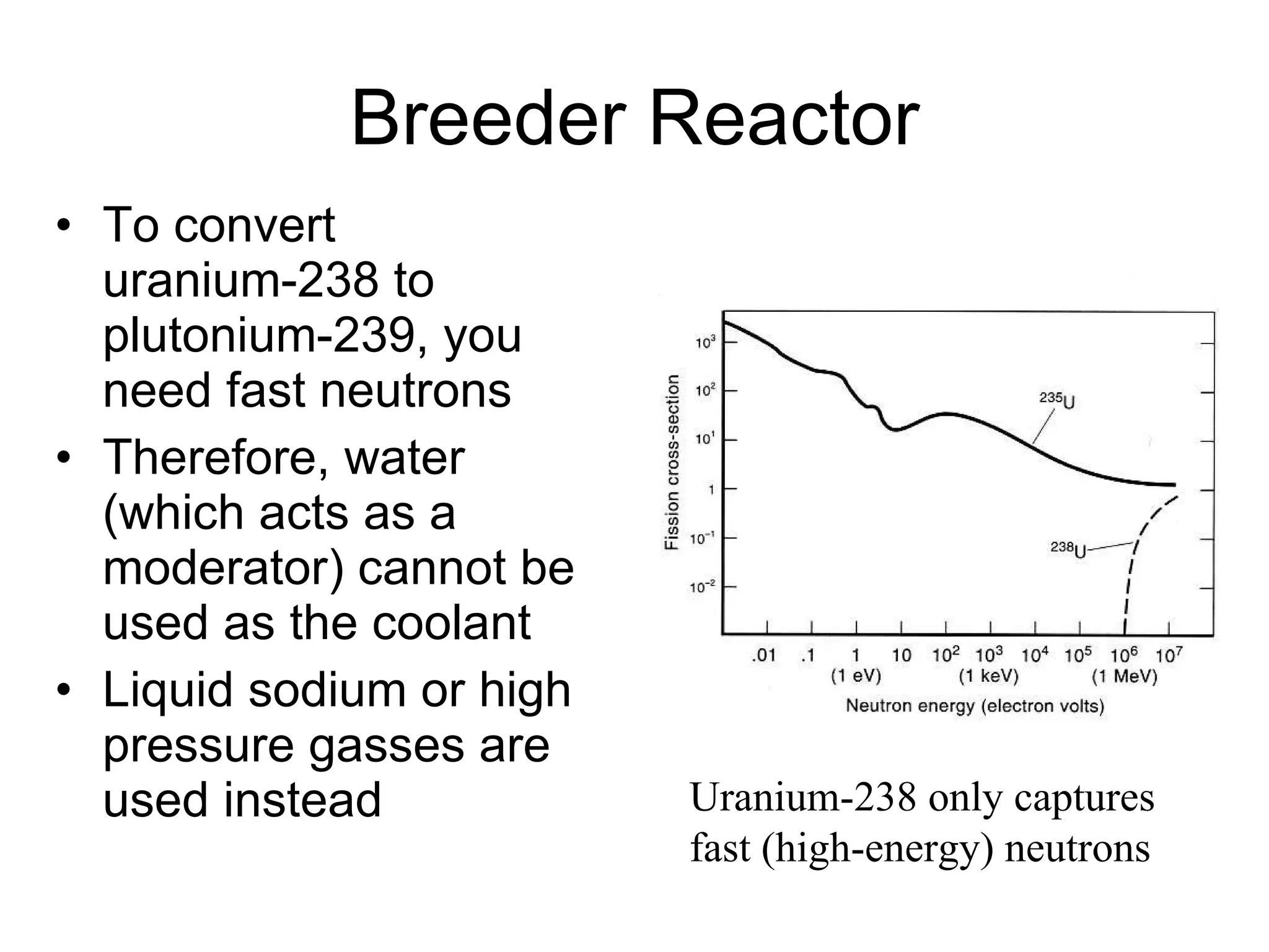 Breeder Reactor To convert uranium-238 to plutonium-239, you need fast neutrons Therefore, water (which acts as a moderator) cannot be used as the coolant Liquid sodium or high pressure gasses are used instead Uranium-238 only captures fast (high-energy) neutrons 