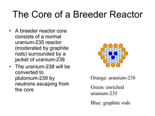 The Core of a Breeder Reactor
• A breeder reactor core
consists of a normal
uranium-235 reactor
(moderated by graphite
rods) surrounded by a
jacket of uranium-238
• The uranium-238 will be
converted to
plutonium-239 by
neutrons escaping from
the core
Orange: uranium-238
Green: enriched
uranium-235
Blue: graphite rods
 