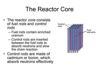 The Reactor Core
• The reactor core consists
of fuel rods and control
rods
– Fuel rods contain enriched
uranium
– Control rods are inserted
between the fuel rods to
absorb neutrons and slow
the chain reaction
• Control rods are made of
cadmium or boron, which
absorb neutrons effectively
 