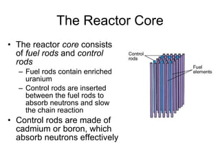 The Reactor Core The reactor  core  consists of  fuel rods  and  control rods Fuel rods contain enriched uranium Control rods are inserted between the fuel rods to absorb neutrons and slow the chain reaction Control rods are made of cadmium or boron, which absorb neutrons effectively  