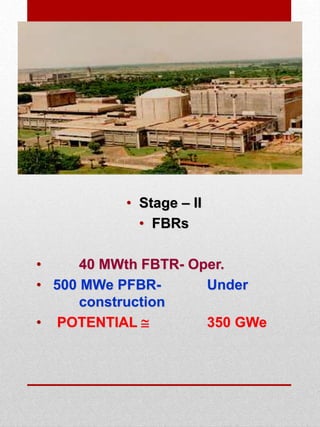 • Stage – II
• FBRs
• 40 MWth FBTR- Oper.
• 500 MWe PFBR- Under
construction
• POTENTIAL  350 GWe
 