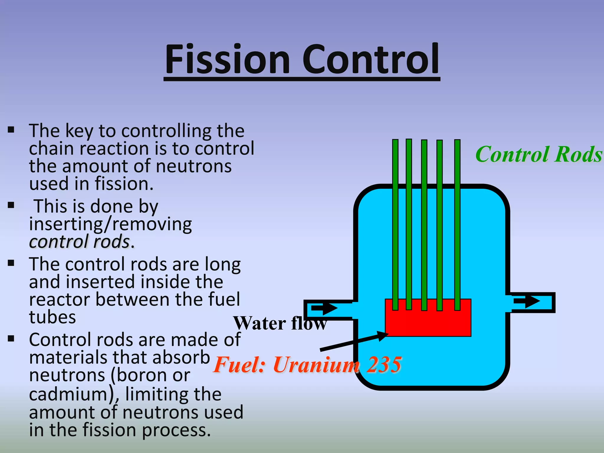 Fission Control
 The key to controlling the
  chain reaction is to control              Control Rods
  the amount of neutrons
  used in fission.
 This is done by
  inserting/removing
  control rods.
 The control rods are long
  and inserted inside the
  reactor between the fuel
  tubes                    Water flow
 Control rods are made of
  materials that absorb Fuel: Uranium 235
  neutrons (boron or
  cadmium), limiting the
  amount of neutrons used
  in the fission process.
 
