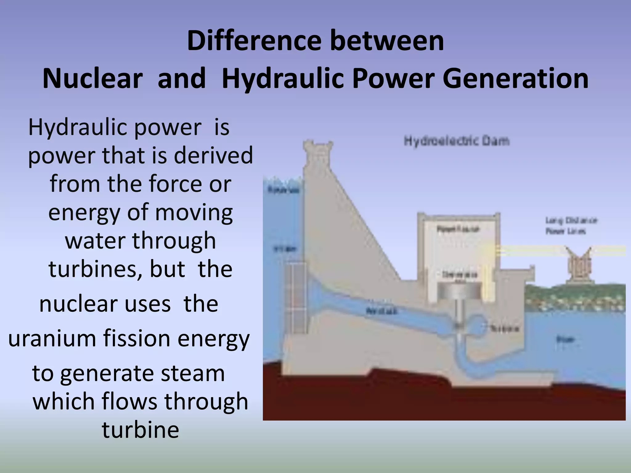 Difference between
   Nuclear and Hydraulic Power Generation
  Hydraulic power is
  power that is derived
    from the force or
    energy of moving
      water through
    turbines, but the
   nuclear uses the
uranium fission energy
  to generate steam
  which flows through
         turbine
 