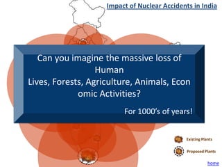 Impact of Nuclear Accidents in India




   Can you imagine the massive loss of
                  Human
Lives, Forests, Agriculture, Animals, Econ
             omic Activities?
                         For 1000’s of years!


                                             Existing Plants

                                              Proposed Plants

                                                         home
 
