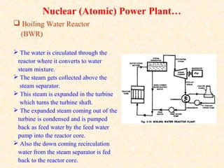 Nuclear (Atomic) Power Plant…
 Boiling Water Reactor
(BWR)
 The water is circulated through the
reactor where it converts to water
steam mixture.
 The steam gets collected above the
steam separator.
 This steam is expanded in the turbine
which turns the turbine shaft.
 The expanded steam coming out of the
turbine is condensed and is pumped
back as feed water by the feed water
pump into the reactor core.
 Also the down coming recirculation
water from the steam separator is fed
back to the reactor core.
 