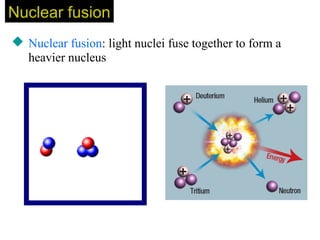 Nuclear fusionNuclear fusion
 Nuclear fusion: light nuclei fuse together to form a
heavier nucleus
 