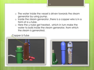 14
o The water inside the vessel is driven towards the steam
generator by using pump.
o Inside the steam generator ,there is a copper wire is in a
form of a u-tube.
o Here the u-tube get heated , which in turn make the
water to boils inside the steam generator, from which
the steam is generated.
Copper U-Tube
 