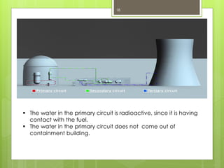 18
 The water in the primary circuit is radioactive, since it is having
contact with the fuel.
 The water in the primary circuit does not come out of
containment building.
 