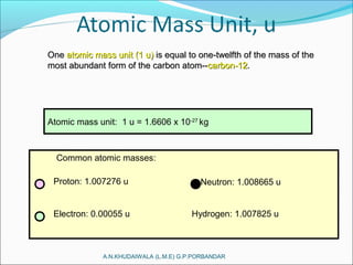 A.N.KHUDAIWALA (L.M.E) G.P.PORBANDAR
OneOne atomic mass unitatomic mass unit (1 u)(1 u) is equal to one-twelfth of the mass of theis equal to one-twelfth of the mass of the
most abundant form of the carbon atom--most abundant form of the carbon atom--carbon-12carbon-12..
Atomic mass unit: 1 u = 1.6606 x 10-27
kg
Common atomic masses:
Proton: 1.007276 u Neutron: 1.008665 u
Electron: 0.00055 u Hydrogen: 1.007825 u
 