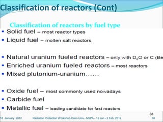 38
3838
Classification of reactors (Cont)
Classification of reactors by fuel type
Radiation Protection Workshop-Cairo Univ.- NSPA - 15 Jan - 2 Feb, 201218 January 2012
 