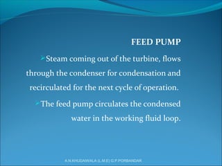 FEED PUMP
Steam coming out of the turbine, flows
through the condenser for condensation and
recirculated for the next cycle of operation.
The feed pump circulates the condensed
water in the working fluid loop.
A.N.KHUDAIWALA (L.M.E) G.P.PORBANDAR
 