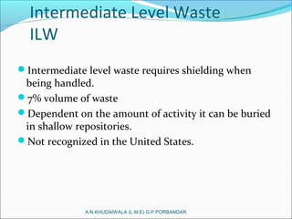 Intermediate Level Waste
ILW
Intermediate level waste requires shielding when
being handled.
7% volume of waste
Dependent on the amount of activity it can be buried
in shallow repositories.
Not recognized in the United States.
A.N.KHUDAIWALA (L.M.E) G.P.PORBANDAR
 