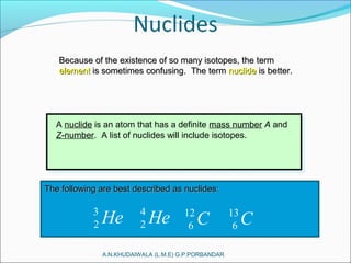 A.N.KHUDAIWALA (L.M.E) G.P.PORBANDAR
Because of the existence of so many isotopes, the termBecause of the existence of so many isotopes, the term
elementelement is sometimes confusing. The termis sometimes confusing. The term nuclidenuclide is better.is better.
A nuclide is an atom that has a definite mass number A and
Z-number. A list of nuclides will include isotopes.
The following are best described as nuclides:The following are best described as nuclides:
3
2 He 4
2 He 12
6 C 13
6 C
 