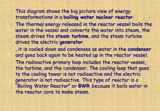 • This diagram shows the big picture view of energy
transformations in a boiling water nuclear reactor.
• The thermal energy released in the reactor vessel boils the
water in the vessel and converts the water into steam, the
steam drives the steam turbine, and the steam turbine
drives the electric generator.
• , it is cooled down and condenses as water in the condenser
and goes back again to be heated up in the reactor vessel.
• The radioactive primary loop includes the reactor vessel,
the turbine, and the condenser. The cooling loop that goes
to the cooling tower is not radioactive and the electric
generator is not radioactive. This type of reactor is a
“Boiling Water Reactor” or BWR because it boils water in
the reactor core to make steam.
 