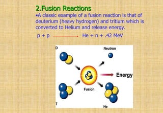 2.Fusion Reactions
•A classic example of a fusion reaction is that of
deuterium (heavy hydrogen) and tritium which is
converted to Helium and release energy.
p + p He + n + .42 MeV
 