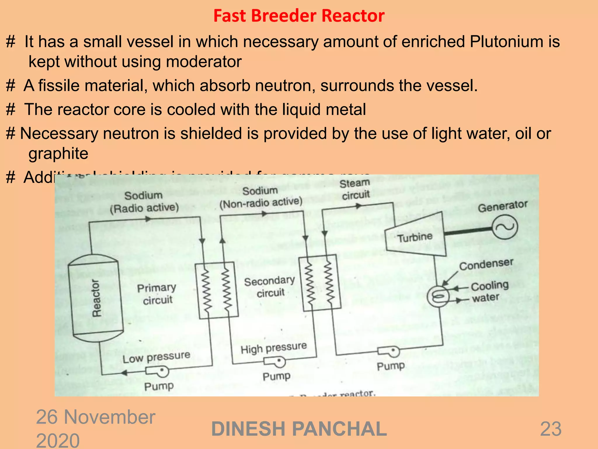 Fast Breeder Reactor
# It has a small vessel in which necessary amount of enriched Plutonium is
kept without using moderator
# A fissile material, which absorb neutron, surrounds the vessel.
# The reactor core is cooled with the liquid metal
# Necessary neutron is shielded is provided by the use of light water, oil or
graphite
# Additional shielding is provided for gamma rays
26 November
2020
23DINESH PANCHAL
 