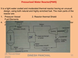 Pressurized Water Reactor(PWR)
It is a light water cooled and moderated thermal reactor having an unusual
design, using both natural and highly enriched fuel. The main parts of the
reactor are:
1. Pressure Vessel 2. Reactor thermal Shield 3.
Fuel Elements
4. Control Rods 5. Reactor Containment 6. Reactor
Pressurizere
26 November
2020
11DINESH PANCHAL
 