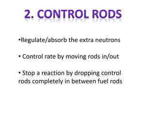•Regulate/absorb the extra neutrons
• Control rate by moving rods in/out
• Stop a reaction by dropping control
rods completely in between fuel rods
 