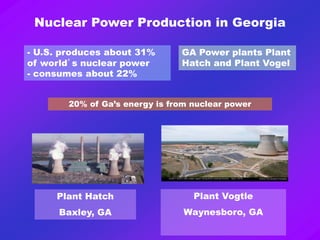 - U.S. produces about 31%
of world’s nuclear power
- consumes about 22%
GA Power plants Plant
Hatch and Plant Vogel
20% of Ga’s energy is from nuclear power
Plant Hatch
Baxley, GA
Plant Vogtle
Waynesboro, GA
Nuclear Power Production in Georgia
 