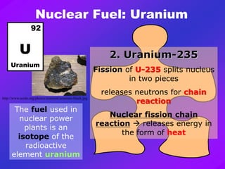Nuclear Fuel: Uranium
2. Uranium-235
Fission of U-235 splits nucleus
in two pieces
releases neutrons for chain
reaction
Nuclear fission chain
reaction  releases energy in
the form of heat
The fuel used in
nuclear power
plants is an
isotope of the
radioactive
element uranium
http://www.ecolo.org/photos/uranium/uranium-black.jpg
92
U
Uranium
 
