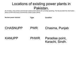 Locations of existing power plants in
Pakistan.
Nuclear power reactors Type Location
CHASNUPP PWR Chasma, Punjab
KANUPP PHWR Paradise point,
Karachi, Sindh.
As of today, only 3 three commercial nuclear power plants are currently operating. The list provided the information
about current and future commercial nuclear power plants.
 