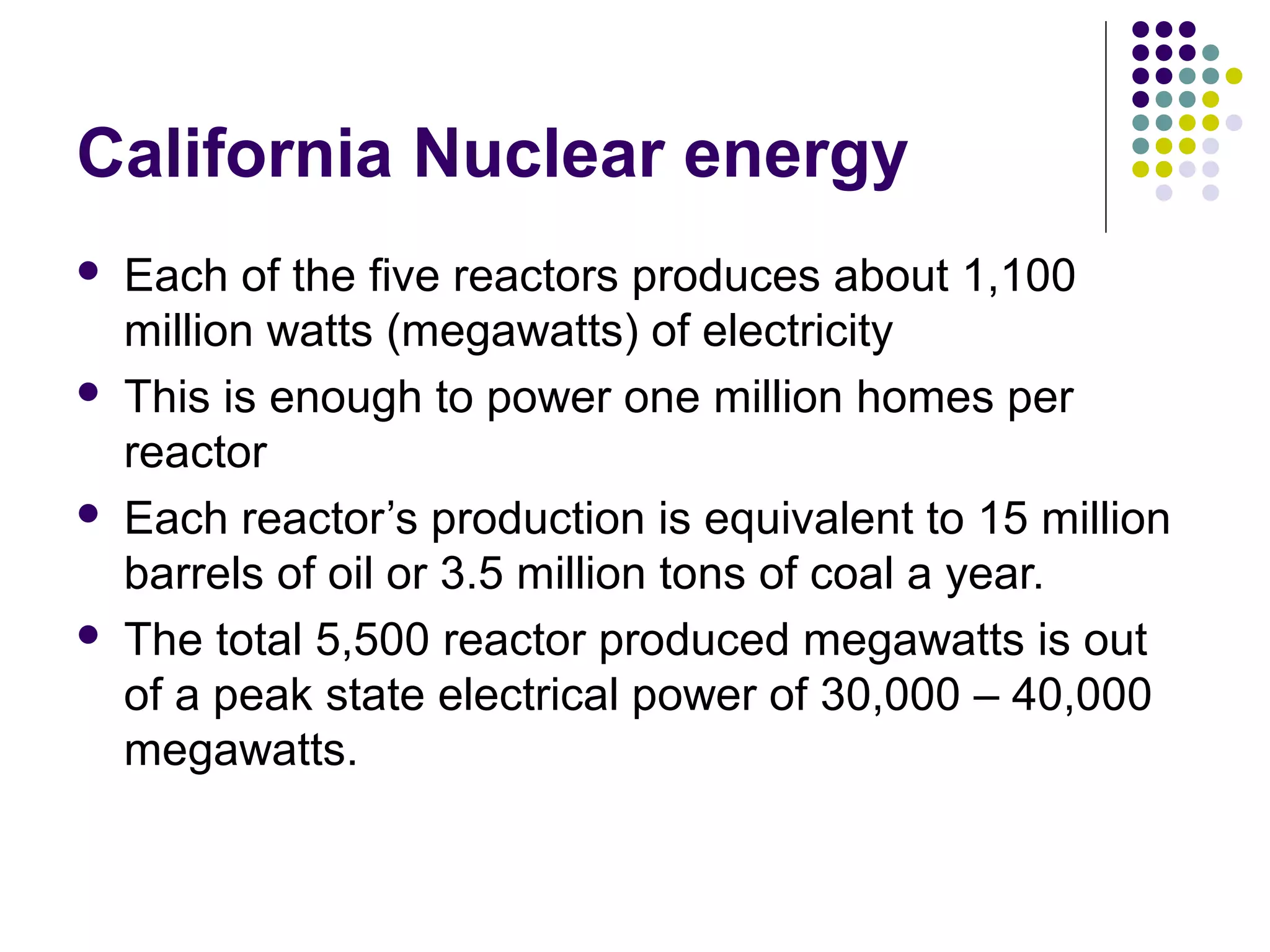 California Nuclear energy








Each of the five reactors produces about 1,100
million watts (megawatts) of electricity
This is enough to power one million homes per
reactor
Each reactor’s production is equivalent to 15 million
barrels of oil or 3.5 million tons of coal a year.
The total 5,500 reactor produced megawatts is out
of a peak state electrical power of 30,000 – 40,000
megawatts.

 