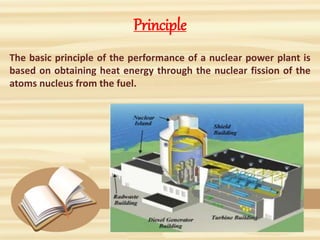 Principle
The basic principle of the performance of a nuclear power plant is
based on obtaining heat energy through the nuclear fission of the
atoms nucleus from the fuel.
 