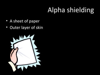 Alpha shielding
• A sheet of paper
• Outer layer of skin
 