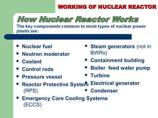  Nuclear fuel
 Neutron moderator
 Coolant
 Control rods
 Pressure vessel
 Reactor Protective System
(RPS)
 Emergency Core Cooling Systems
(ECCS)
 Steam generators (not in
BWRs)
 Containment building
 Boiler feed water pump
 Turbine
 Electrical generator
 Condenser
 