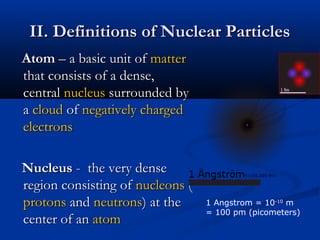 II. Definitions of Nuclear ParticlesII. Definitions of Nuclear Particles
AtomAtom – a basic unit of– a basic unit of mattermatter
that consists of a dense,that consists of a dense,
centralcentral nucleusnucleus surrounded bysurrounded by
aa cloudcloud ofof negatively chargednegatively charged
electronselectrons
NucleusNucleus - the very dense- the very dense
region consisting ofregion consisting of nucleonsnucleons ((
protonsprotons andand neutronsneutrons) at the) at the
center of ancenter of an atomatom
1 Angstrom = 10-10
m
= 100 pm (picometers)
 