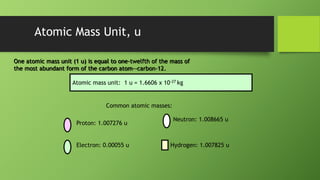 Atomic Mass Unit, u
One atomic mass unit (1 u) is equal to one-twelfth of the mass of
the most abundant form of the carbon atom--carbon-12.
Atomic mass unit: 1 u = 1.6606 x 10-27 kg
Common atomic masses:
Proton: 1.007276 u
Neutron: 1.008665 u
Electron: 0.00055 u Hydrogen: 1.007825 u
 