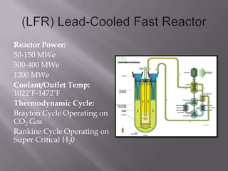 Reactor Power:
50-150 MWe
300-400 MWe
1200 MWe
Coolant/Outlet Temp:
1022˚F-1472˚F
Thermodynamic Cycle:
Brayton Cycle Opera...