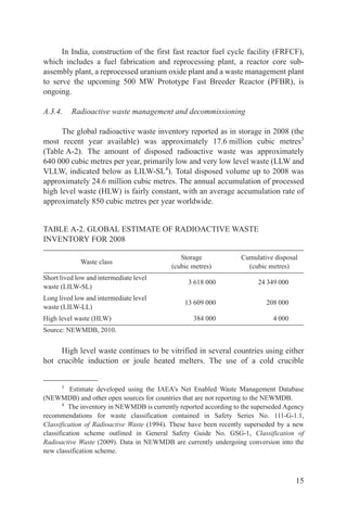 In India, construction of the first fast reactor fuel cycle facility (FRFCF),
which includes a fuel fabrication and reprocessing plant, a reactor core sub-
assembly plant, a reprocessed uranium oxide plant and a waste management plant
to serve the upcoming 500 MW Prototype Fast Breeder Reactor (PFBR), is
ongoing.

A.3.4.    Radioactive waste management and decommissioning

      The global radioactive waste inventory reported as in storage in 2008 (the
most recent year available) was approximately 17.6 million cubic metres3
(Table A-2). The amount of disposed radioactive waste was approximately
640 000 cubic metres per year, primarily low and very low level waste (LLW and
VLLW, indicated below as LILW-SL4). Total disposed volume up to 2008 was
approximately 24.6 million cubic metres. The annual accumulation of processed
high level waste (HLW) is fairly constant, with an average accumulation rate of
approximately 850 cubic metres per year worldwide.


TABLE A-2. GLOBAL ESTIMATE OF RADIOACTIVE WASTE
INVENTORY FOR 2008

                                               Storage              Cumulative disposal
             Waste class
                                            (cubic metres)            (cubic metres)
Short lived low and intermediate level
                                                  3 618 000               24 349 000
waste (LILW-SL)
Long lived low and intermediate level
                                                13 609 000                   208 000
waste (LILW-LL)
High level waste (HLW)                             384 000                     4 000
Source: NEWMDB, 2010.


     High level waste continues to be vitrified in several countries using either
hot crucible induction or joule heated melters. The use of a cold crucible


      3
          Estimate developed using the IAEA’s Net Enabled Waste Management Database
(NEWMDB) and other open sources for countries that are not reporting to the NEWMDB.
       4
          The inventory in NEWMDB is currently reported according to the superseded Agency
recommendations for waste classification contained in Safety Series No. 111-G-1.1,
Classification of Radioactive Waste (1994). These have been recently superseded by a new
classification scheme outlined in General Safety Guide No. GSG-1, Classification of
Radioactive Waste (2009). Data in NEWMDB are currently undergoing conversion into the
new classification scheme.



                                                                                       15
 
