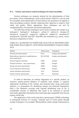 II–2. Nuclear and nuclear-related techniques for food traceability

       Nuclear techniques are uniquely tailored for the determination of food
provenance. These methodologies, such as those listed in Table II-1, may be used
for traceability and authentication of food and have the potential to be applied in
many developing countries, thereby enhancing their capacities to improve food
safety and quality. Where appropriate, these techniques can also be
complemented by conventional, non-nuclear approaches.
       The following nuclear techniques can be used to measure the isotopic (e.g.
hydrogen-3/ hydrogen-2/ hydrogen-1, carbon-13/ carbon-12, nitrogen-15/
nitrogen14, oxygen-18/ oxygen-16, sulphur-34/ sulphur-32, strontium-87/
strontium-86, lead-208/ lead-207/ lead-206) and elemental (e.g. macro, micro,
and trace) composition of food:

TABLE II-1. GLOSSARY OF TERMS FOR ANALYTICAL METHODS USED
FOR FOOD TRACEABILITY AND THEIR FINGERPRINT CHARACTERIS-
TICS
Method                                        Abbreviation   Fingerprint
Neutron activation analysis                   NAA            Isotopic and elemental
Multicollector inductively coupled plasma –   MC-ICP-MS      Isotopic and elemental
mass spectrometry
Nuclear magnetic resonance                    NMR            Isotopic
Thermal ionization – mass spectrometry        TIMS           Isotopic
Isotope ratio mass spectrometry               IRMS           Isotopic
Cavity-ring-down spectroscopy                 CRDS           Isotopic
Atomic absorption spectrometry                AAS            Elemental
Atomic emission spectrometry                  AES            Elemental


       In order to determine an isotopic fingerprint of a specific product, an
extensive quality-assured database of authentic food samples is required.
Appropriate modelling of the isotopic and elemental data, using multivariate
statistics, is a prerequisite for identifying isotopic and elemental fingerprints.
Only a few databases covering wide regional distribution exist so far. A
considerable amount of additional data needs to be collected to provide
universally applicable information that could make data comparable from diverse
regions world wide.
       The application of the cavity-ring-down spectroscopy (CRDS) technology
to distinguish between C3 (sesame, soybean) and C4 (corn) plants through
isotopic techniques is an example. Photosynthetic carbon isotope fractionation is


70
 