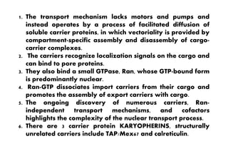 1. The transport mechanism lacks motors and pumps and
instead operates by a process of facilitated diffusion of
soluble carrier proteins, in which vectoriality is provided by
compartment-specific assembly and disassembly of cargo-
carrier complexes.
2. The carriers recognize localization signals on the cargo and
can bind to pore proteins.
3. They also bind a small GTPase, Ran, whose GTP-bound form
is predominantly nuclear.is predominantly nuclear.
4. Ran-GTP dissociates import carriers from their cargo and
promotes the assembly of export carriers with cargo.
5. The ongoing discovery of numerous carriers, Ran-
independent transport mechanisms, and cofactors
highlights the complexity of the nuclear transport process.
6. There are 3 carrier protein KARYOPHERINS, structurally
unrelated carriers include TAP/Mex67 and calreticulin.
 