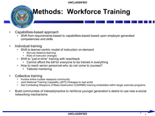 Methods:  Workforce Training Capabilities-based approach Shift from requirements-based to capabilities-based based upon employer generated competencies and skills Individual training Shift to learner-centric model of instruction on-demand Not just distance learning Role of instructor changes Shift to “just-in-time” training with reachback Cannot afford the bill for everyone to be trained in everything How to reach senior personnel who do not come to courses? Tailored mentoring Collective training Involve entire nuclear weapons community Joint National Training Capability (JNTC) linkages to real world Get Combating Weapons of Mass Destruction (CbtWMD) training embedded within larger exercise programs Build communities of interest/practice to reinforce younger generation’s desire to use new e-social networking mechanisms 