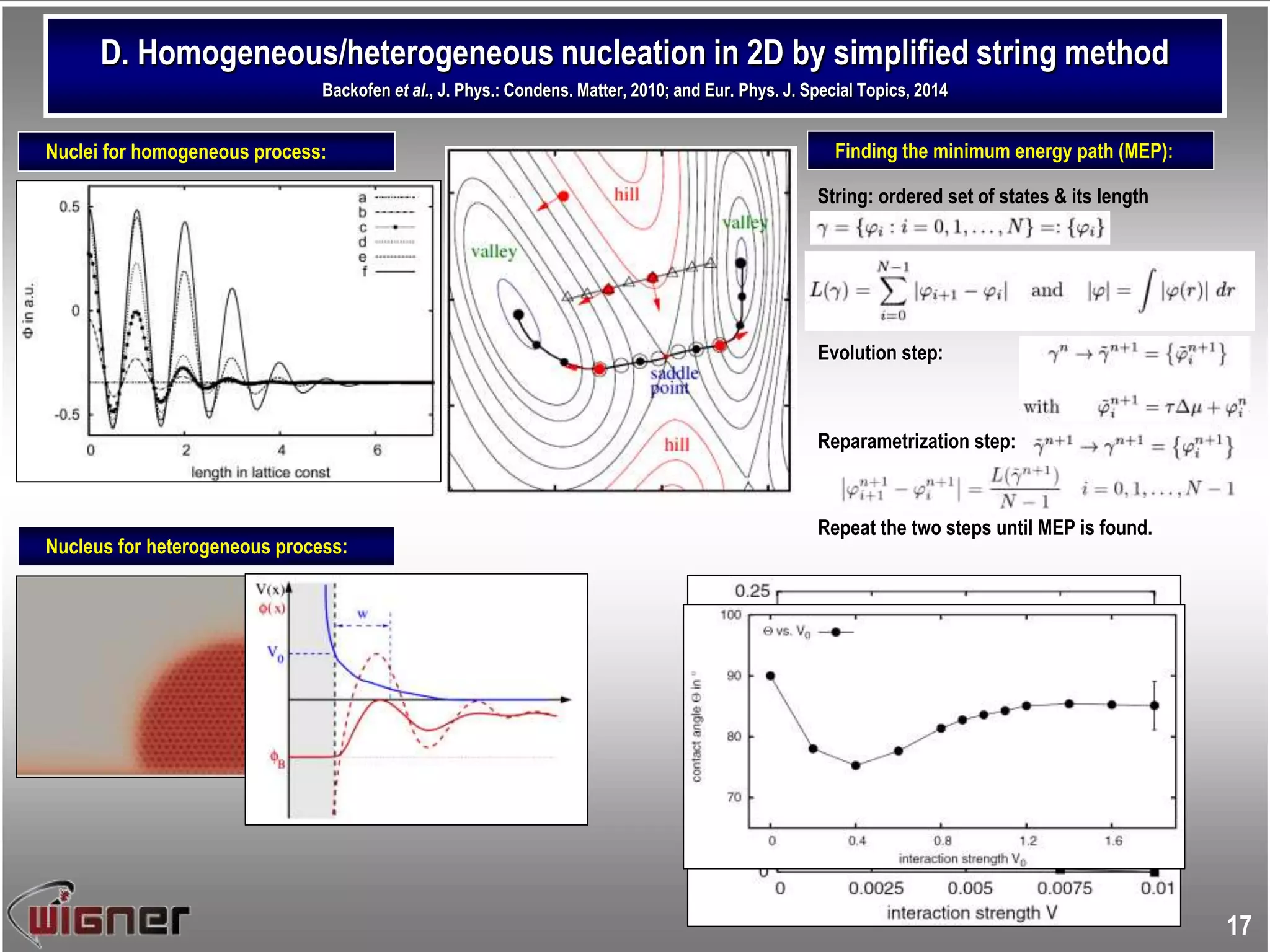 Nuclei for homogeneous process:
D. Homogeneous/heterogeneous nucleation in 2D by simplified string method
Backofen et al., J. Phys.: Condens. Matter, 2010; and Eur. Phys. J. Special Topics, 2014
17
Nucleus for heterogeneous process:
Finding the minimum energy path (MEP):
String: ordered set of states & its length
Evolution step:
Reparametrization step:
Repeat the two steps until MEP is found.
 