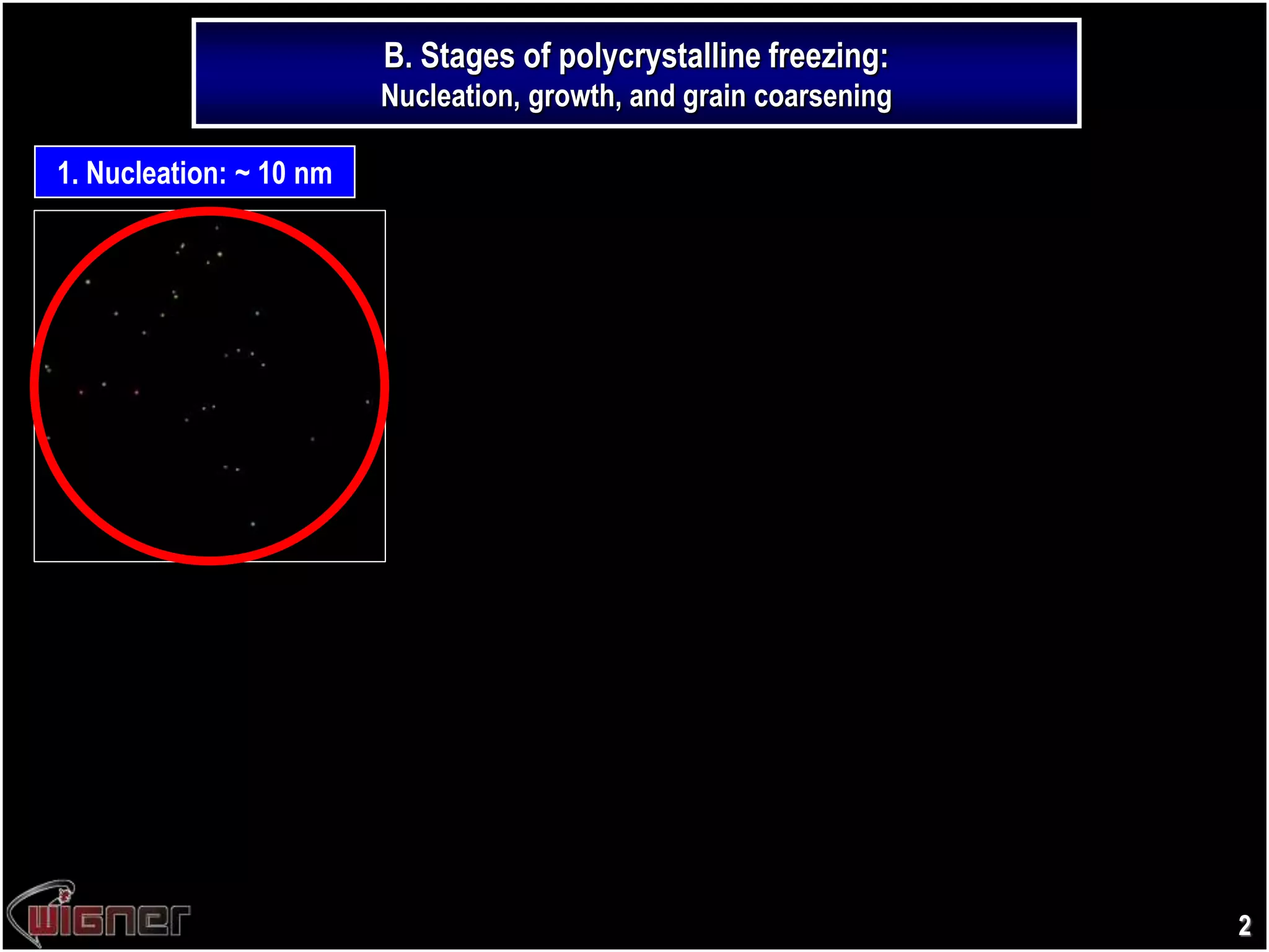 B. Stages of polycrystalline freezing:
Nucleation, growth, and grain coarsening
2
1. Nucleation: ~ 10 nm 2. Growth: 10 nm – mm
Interface controlled: v  1/ e.g., pure metals
Diffusion controlled: v  t -1/2 e.g., colloids
3. Grain coarsening:
10 nm – mm
 