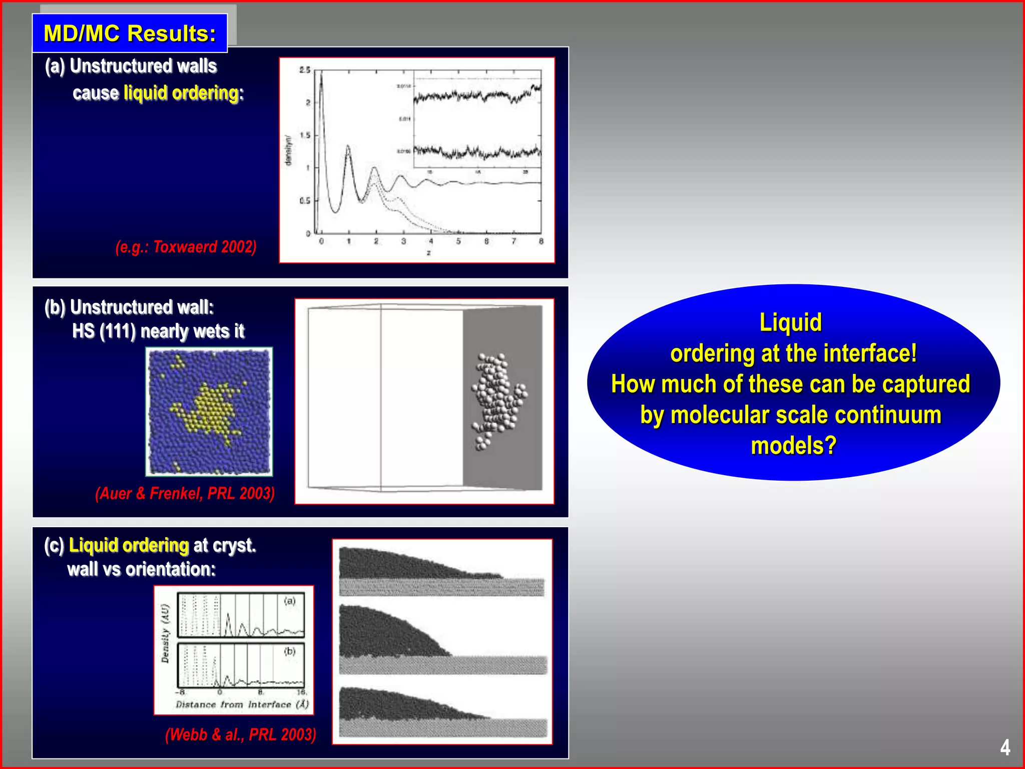 Liquid
ordering at the interface!
How much of these can be captured
by molecular scale continuum
models?
(b) Unstructured wall:
HS (111) nearly wets it
(Auer & Frenkel, PRL 2003)
(a) Unstructured walls
cause liquid ordering:
(e.g.: Toxwaerd 2002)
(Webb & al., PRL 2003)
(c) Liquid ordering at cryst.
wall vs orientation:
MD/MC Results:
4
 