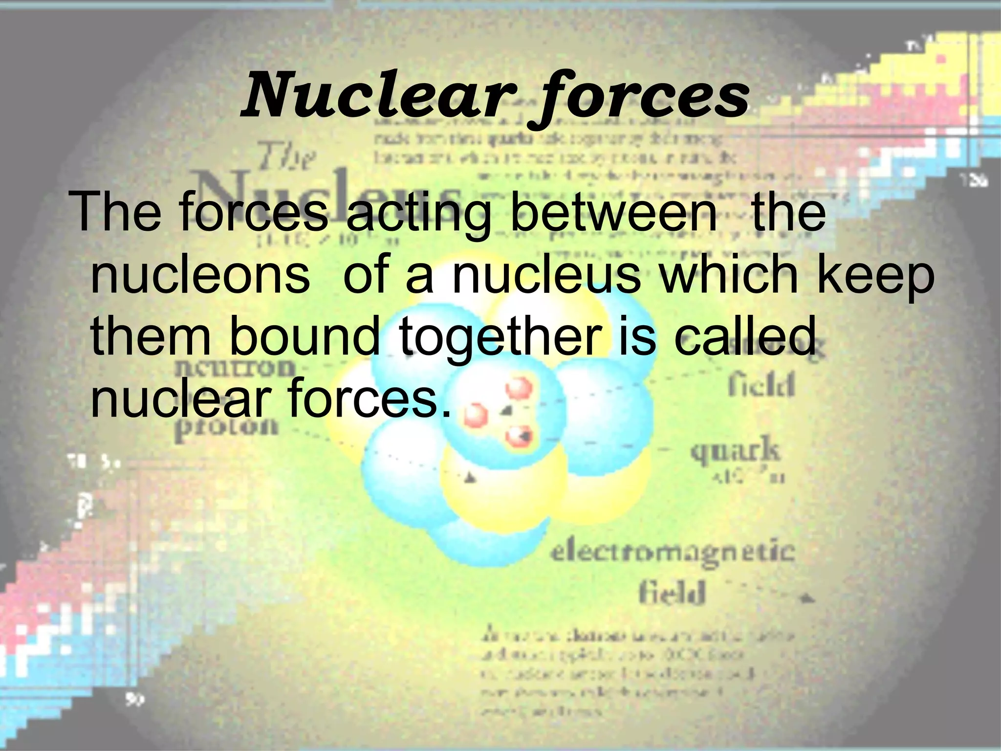 Nuclear forces   The forces acting between  the nucleons  of a nucleus which keep them bound together is called nuclear forces.  