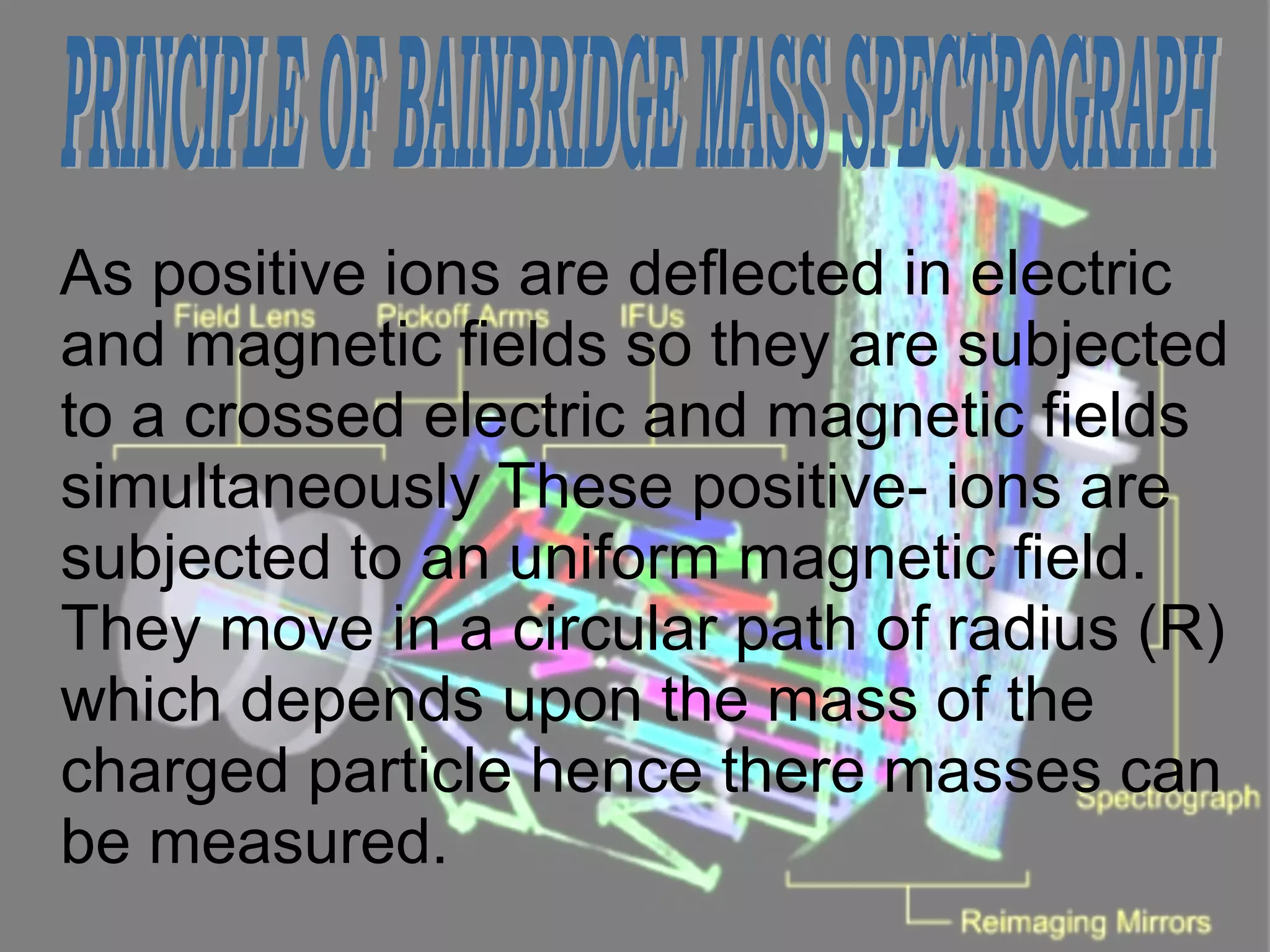 As positive ions are deflected in electric and magnetic fields so they are subjected to a crossed electric and magnetic fields simultaneously These positive- ions are subjected to an uniform magnetic field. They move in a circular path of radius (R) which depends upon the mass of the charged particle hence there masses can be measured.  PRINCIPLE OF BAINBRIDGE MASS SPECTROGRAPH 
