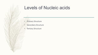 Levels of Nucleic acids
• Primary Structure
• Secondary Structure
• Tertiary Structure
 
