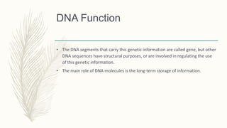 DNA Function
• The DNA segments that carry this genetic information are called gene, but other
DNA sequences have structural purposes, or are involved in regulating the use
of this genetic information.
• The main role of DNA molecules is the long-term storage of information.
 