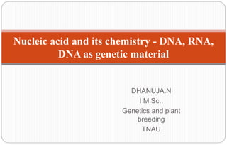 DHANUJA.N
I M.Sc.,
Genetics and plant
breeding
TNAU
Nucleic acid and its chemistry - DNA, RNA,
DNA as genetic material
 
