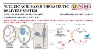 NUCLEIC ACID BASED THERAPEUTIC
DELIVERY SYSTEM
SUBMITTED BY: RAHUL PAL, PRACHI PANDEY SUBMITTED TO: MR. ARSH CHANANA
M. PHARM (PHARMACEUTICS), IIND SEM.
DEPARTMENT OF PHARMACEUTICS, NIMS INSTITUTE OF PHARMACY, NIMS UNIVERSITY, JAIPUR,
RAJASTHAN, 303121, INDIA.
 