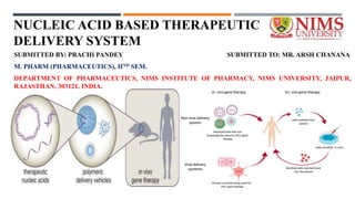 NUCLEIC ACID BASED THERAPEUTIC
DELIVERY SYSTEM
SUBMITTED BY: PRACHI PANDEY SUBMITTED TO: MR. ARSH CHANANA
M. PHARM (PHARMACEUTICS), IIND SEM.
DEPARTMENT OF PHARMACEUTICS, NIMS INSTITUTE OF PHARMACY, NIMS UNIVERSITY, JAIPUR,
RAJASTHAN, 303121, INDIA.
 