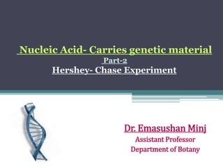 Nucleic Acid- Carries genetic material
Part-2
Hershey- Chase Experiment
Dr. Emasushan Minj
Assistant Professor
Department of Botany
 