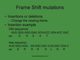 Frame Shift mutations Insertions or deletions Change the reading frame Insertion example Old sequence AUG   GGU AGG GAG GCA ACC UGA ACC GAC aa:  G   R   E  A  T New sequence AUG   GGU AGG  A GA GGC AAC CUG AAC CGA C aa:  G   R   R G N  L   N   R www.freelivedoctor.com 