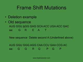 Frame Shift Mutations Deletion example Old sequence AUG   GGU  A GG GAG GCA ACC UGA ACC GAC aa:  G   R   E  A  T New sequence  Delete second A (Underlined above) AUG   GGU GGG AGG CAA CCU GAA CCG AC aa:  G   G   R Q P  G   P www.freelivedoctor.com 