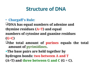 Structure of DNA
• Chargaff's Rule:
DNA has equal numbers of adenine and
thymine residues (A=T) and equal
numbers of cytosine and guanine residues
(G=C)
the total amount of purines equals the total
amount of pyrimidines.
The base pairs are held together by
hydrogen bonds: two between A and T
(A=T) and three between G and C (G = C).
 